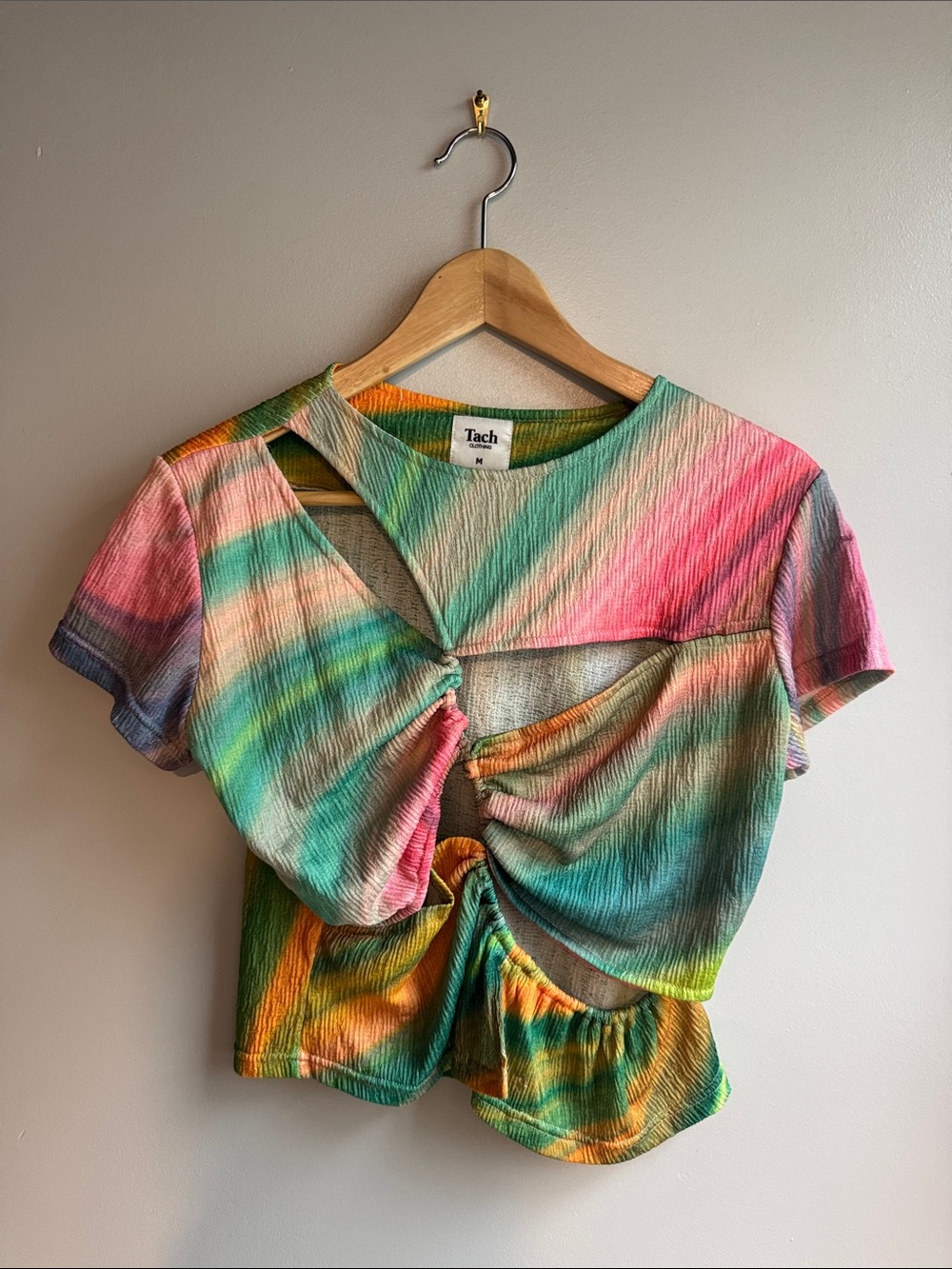 TACH Multicolor Twist-Front Crop Top in Pink, Green & Blue